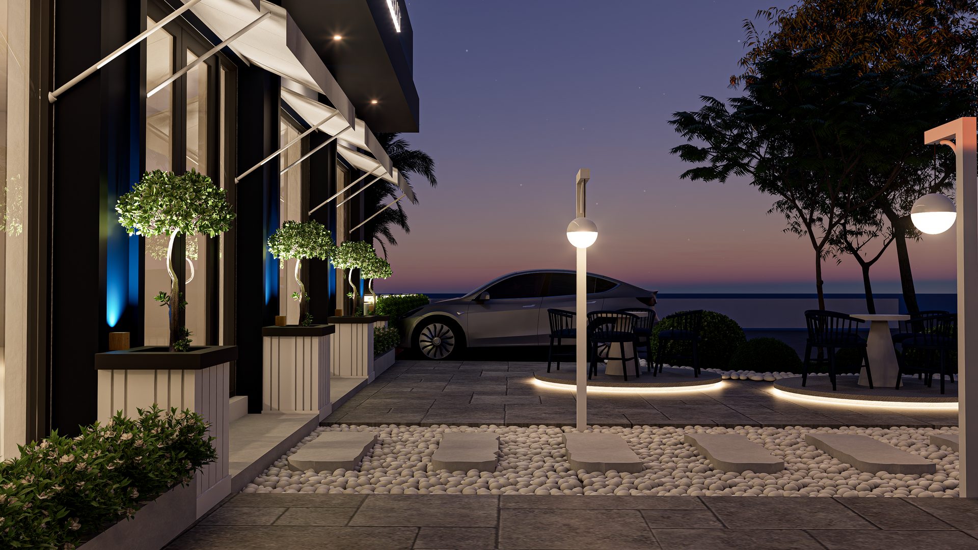 TASTE ONE restaurant terrace at dusk by Zaw G